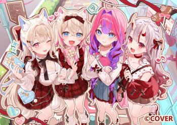 Rule 34 | 4girls, :d, ;p, ahoge, animal ears, aran sweater, bag, blonde hair, blue skirt, blue streaks, bow hairband, box, braid, breasts, cable knit, cardigan, cardigan partially removed, center-flap bangs, cleavage, cleavage cutout, closed mouth, clothing cutout, commentary request, copyright name, crossed bangs, dog ears, dog girl, dog tail, double-parted bangs, dress, extra ears, frilled skirt, frills, fuwawa abyssgard, gift, gold choker, gradient hair, grey hair, grey skirt, hair between eyes, hair intakes, hair over shoulder, hairband, half updo, heart-shaped box, holding, holding box, holding gift, hololive, hololive dev is, hololive english, horns, jiu (jiwoo owo9), kikirara vivi, large breasts, leg warmers, long hair, long sleeves, looking at viewer, low twin braids, mary janes, miniskirt, mococo abyssgard, multicolored hair, multiple girls, nakiri ayame, official art, one eye closed, oni, open mouth, pinafore dress, pink eyes, pink hair, pink shoes, plaid clothes, plaid dress, pleated skirt, purple streaks, red cardigan, red dress, red eyes, red hair, shirt, shoes, short dress, short sleeves, shoulder bag, siblings, side braid, sidelocks, sisters, skin-covered horns, skirt, sleeveless, sleeveless dress, smile, socks, standing, streaked hair, sweater, tail, tongue, tongue out, twin braids, twins, two-tone hair, two side up, valentine, very long hair, virtual youtuber, white leg warmers, white shirt, white socks, white sweater