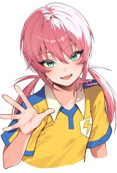 1boy :d blush collarbone collared_shirt commentary cropped_torso dianya_inazuma green_eyes hair_between_eyes hand_up highres inazuma_eleven_(series) inazuma_eleven_go kirino_ranmaru lightning_bolt_symbol looking_at_viewer male_focus open_mouth shirt short_sleeves simple_background smile soccer_uniform solo sportswear twintails twitter_username white_background yellow_shirt