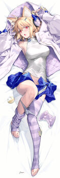 1girl :d animal_ear_fluff animal_ears arcueid_brunestud black_panties blonde_hair blue_skirt blush bodystocking bow breasts camisole cat_ears controller crescent crescent_hair_ornament crop_top crop_top_overhang fang fate/grand_order fate_(series) fingerless_gloves full_body game_controller gamepad gloves hair_ornament headphones highres hood hooded_jacket jacket kousaki_rui large_breasts long_sleeves looking_at_viewer miniskirt open_mouth panties panty_pull phantas-moon phantas-moon_(second_ascension) purple_gloves purple_thighhighs red_eyes shirt short_hair skin_fang skirt sleeveless sleeveless_shirt smile solo stirrup_legwear striped_clothes striped_gloves striped_thighhighs thighhighs toeless_legwear torn_bodystocking torn_clothes underwear white_camisole white_jacket white_shirt
