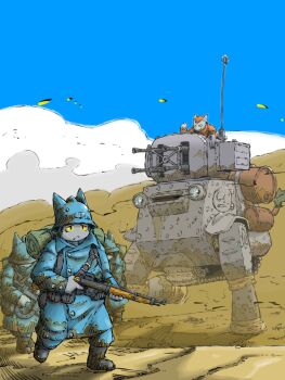 6+boys antennae blue_sky caterpillar_tracks coat dust_cloud exhaust_pipe furry gun helmet highres holding holding_gun holding_weapon machinery mecha mecha_focus military_vehicle multiple_boys original rifle robot sky tank_turret trench_coat walker_(robot) weapon yabarn