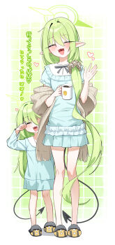2girls absurdres blue_archive blue_dress blush closed_eyes commentary cup demon_tail dress drinking_glass fang green_halo halo heart highres holding holding_cup long_hair long_sleeves multiple_girls nozomi_(blue_archive) open_mouth pointy_ears short_sleeves smile standing tail translation_request untranslatable_commentary very_long_hair waving whonyang
