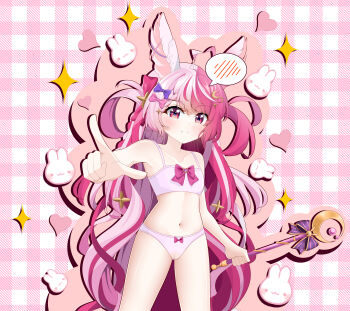 1girl absurdres bell belly bow bra breasts closed_mouth commission crotch_seam flat_chest hair_bow hair_ornament hair_ribbon highres chromashift lalabell_lullaby long_hair looking_at_viewer magical_girl moon moon_(ornament) multicolored_hair navel panties pink_bra pink_eyes pink_hair pink_panties pointing pointing_at_viewer rabbit_ears rabbit_girl reqware ribbon scepter small_breasts smile solo standing star_(symbol) star_hair_ornament underwear underwear_only very_long_hair virtual_youtuber