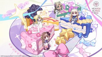4girls bindi birthday_cake blonde_hair braid brown_hair cake cape chibi coat crown_braid earrings flower food fox_mask fur_trim green_eyes hair_flower hair_ornament hair_stick happy_birthday heaven_burns_red jewelry kiryuu_miya long_hair mask minase_ichigo mole mole_under_eye multiple_girls official_art pantyhose red_eyes shirakawa_yuina short_hair sidelocks triangle_earrings twintails vritika_balakrishnan white_coat white_pantyhose