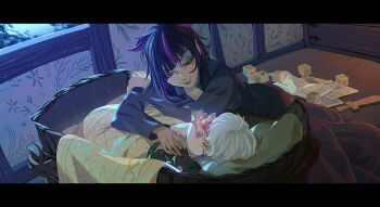 Rule 34 | 2boys, aged down, alphabet blocks, baby, black hair, crib, fishee (fisheem4mmal), flower, highres, indoors, letterboxed, lilia vanrouge, male focus, multicolored hair, multiple boys, pointy ears, purple hair, short hair, silver vanrouge, streaked hair, stuffed animal, stuffed toy, twisted wonderland, white hair