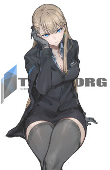 Rule 34 | 1girl, bird/binary, black suit, blonde hair, blue eyes, blue shirt, blue suit, breasts, business suit, claudia (bird/binary), closed mouth, collared shirt, commentary request, duplicate, formal clothes, hair between eyes, highres, jacket, las91214, long hair, long sleeves, looking at viewer, original, science fiction, shirt, simple background, skirt, skirt suit, suit, suit jacket, wing collar