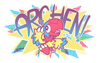 Rule 34 | archen, black eyes, bright pupils, character name, claws, commentary, crayonchewer, english commentary, fangs, flying sweatdrops, full body, gen 5 pokemon, nintendo, no humans, open mouth, outline, pokedex number, pokemon, pokemon (creature), pokemon focus, solo, tongue, white outline, white pupils