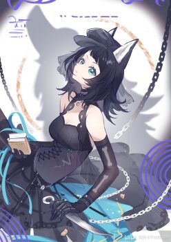 1girl animal_ears arknights artist_name bang_dream! bang_dream!_it's_mygo!!!!! bare_shoulders black_dress black_gloves black_hair blue_eyes bone_print breasts chain cleavage collar dress elbow_gloves gloves highres holding holding_knife holding_weapon kaleka kemonomimi_mode knife large_breasts looking_at_viewer medium_hair shadow silhouette solo watermark weapon wolf wolf_ears wolf_girl yahata_umiri yahata_umiri_(moonlight_executioner)