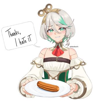 1girl absurdres ascot cecilia_immergreen cecilia_immergreen_(1st_costume) chest_belt churro colored_inner_hair commentary corset detached_collar detached_sleeves doll_joints english_commentary english_text gradient_hair green_corset green_eyes green_hair grey_hair hair_between_eyes highres hololive hololive_english joints kukubachi looking_at_viewer multicolored_hair plate red_ascot romper simple_background solo speech_bubble virtual_youtuber white_background white_romper winding_key