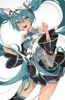 1girl aqua_eyes aqua_hair aqua_necktie bare_shoulders black_skirt commentary detached_sleeves hatsune_miku headset highres long_hair looking_at_viewer necktie open_mouth ototnmw1 pleated_skirt shirt shoulder_tattoo simple_background skirt sleeveless sleeveless_shirt solo symbol-only_commentary tattoo teeth twintails upper_teeth_only very_long_hair vocaloid white_background white_shirt