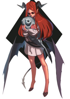 Rule 34 | 1girl, bags under eyes, demon girl, demon horns, demon tail, demon wings, forehead, full body, highres, hooves, horns, oversized wings, original, pointy ears, red eyes, red hair, sendai (nazonomono), skirt, solo, tail, white skirt, wings