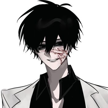 1boy :d artist_request bags_under_eyes black_hair black_shirt blood blood_on_face blood_splatter coat collared_shirt commentary commission grin hair_between_eyes half-closed_eyes highres kim_dokja looking_at_viewer male_focus omniscient_reader&#039;s_viewpoint open_clothes open_coat open_mouth partially_shaded_face portrait shirt short_hair smile solo straight-on symbol-only_commentary white_coat