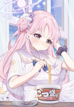 1girl angel_wings blue_archive blue_bow bow breasts buttons capelet chopsticks crescent double-breasted dress eating feathered_wings flower food hair_bun hair_flower hair_ornament halo highres holding holding_chopsticks indoors instant_ramen long_hair low_wings matchamassa medium_breasts mika_(blue_archive) noodles pink_hair pink_halo purple_eyes purple_flower ramen single_hair_bun single_side_bun solo sweat very_long_hair white_capelet white_dress white_wings window wing_ornament wings