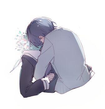 1girl bang_dream! bang_dream!_it's_mygo!!!!! blue_shirt grey_hair grey_jacket hibioes highres hug jacket long_sleeves school_uniform shirt short_hair simple_background takamatsu_tomori togawa_sakiko tsukinomori_school_uniform upper_body white_background