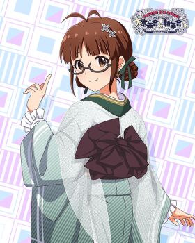 1girl akizuki_ritsuko anime_coloring antenna_hair blunt_bangs brown_hair cowboy_shot double_bun earrings frilled_sleeves frills game_cg glasses green_kimono hair_bun hair_ornament hair_ribbon idolmaster idolmaster_(classic) idolmaster_million_live! idolmaster_million_live!_theater_days japanese_clothes jewelry kimono lone_nape_hair obi official_alternate_costume official_alternate_hairstyle official_art pointing pointing_up ribbon sash see-through_clothes semi-rimless_eyewear short_hair solo split_mouth striped_clothes striped_kimono third-party_source under-rim_eyewear