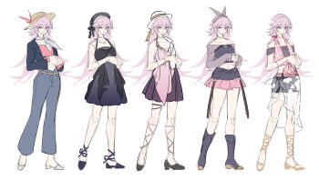 1girl absurdres alternate_costume artist_collaboration black_dress black_hat black_jacket brown_hat commentary dress english_commentary grey_pants grey_shirt hat highres honkai_(series) honkai_impact_3rd jacket midriff multiple_views navel off-shoulder_shirt off_shoulder pants pink_shirt pink_skirt purple_skirt reference_sheet sang_sha sarong see-through_clothes see-through_sarong shirt simple_background sketch skirt thighs white_background white_sarong yae_sakura zelian