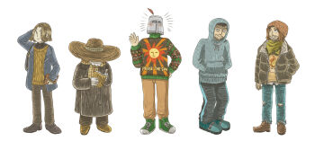 5boys beanie beard big_hat_logan black_coat black_hair blue_hoodie blue_jacket blue_pants brown_hair brown_hat brown_pants closed_mouth coat commentary_request contemporary crestfallen_warrior dark_souls_(series) dark_souls_i empthylee facial_hair full_body goatee green_scarf green_shoes griggs_of_vinheim hands_in_pocket hat hat_over_eyes helm helmet highres hood hood_up hoodie jacket large_hat laurentius_of_the_great_swamp looking_at_viewer male_focus multiple_boys pants scarf shoes short_hair simple_background smile sneakers solaire_of_astora sun_print sweater ugly_sweater waving white_background yellow_sweater