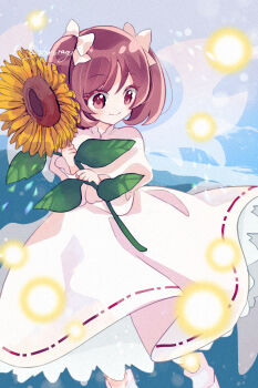 Rule 34 | 1girl, bow, closed mouth, commentary request, danmaku, dress, feet out of frame, flower, hair bow, highres, holding, holding flower, katsuragi atori, long sleeves, loose socks, petticoat, red eyes, red hair, short hair, short twintails, smile, socks, solo, sunflower, sunflower fairy (touhou), touhou, twintails, twitter username, white bow, white dress, white socks, yellow flower