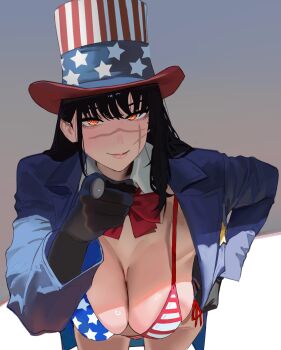 1girl american_flag american_flag_bikini american_flag_print bikini black_hair bow breasts chainsaw_man collar collarbone cosplay female_focus flag_print flag_print_bikini hand_on_own_hip hanging_breasts hat highres hintobento jacket large_breasts leaning_forward lips long_hair looking_at_viewer pointing pointing_at_viewer print_bikini red_bow ringed_eyes scar scar_on_face simple_background smile solo standing swimsuit top_hat uncle_sam uncle_sam_(cosplay) yellow_eyes yoru_(chainsaw_man)