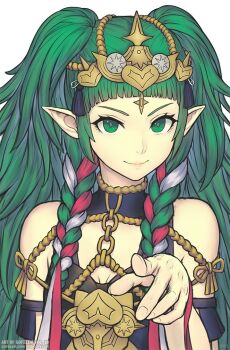 1girl bare_shoulders braid breasts closed_mouth dress fire_emblem fire_emblem:_three_houses gofelem green_eyes green_hair hair_ornament hair_ribbon long_hair looking_at_viewer nintendo pointing pointing_at_viewer pointy_ears purple_dress ribbon ribbon_braid simple_background smile solo sothis_(fire_emblem) tassel tassel_hair_ornament tiara twin_braids upper_body