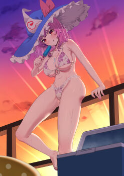 1girl absurdres against_railing alternate_headwear ambasa bikini blue_hat breasts floral_print floral_print_bikini food gradient_sky hat highres large_breasts medium_hair outdoors pink_hair popsicle print_bikini railing red_eyes saigyouji_yuyuko sky smile solo sunset swimsuit touhou white_bikini wide_brim