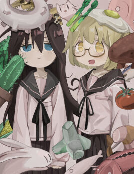 2girls black_hair blonde_hair blue_eyes cactus commentary egg egg_(food) egg_yolk english_commentary fish food glasses hair_between_eyes highres long_hair looking_at_viewer multiple_girls mushroom mushroom_on_head naaga_sonomono open_mouth school_uniform semi-rimless_eyewear shimeji_simulation tomato tsukishima_shijima yamashita_majime yellow_eyes