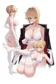 1girl arm_at_side bare_shoulders black_jacket blonde_hair bra braid breasts bun_with_braided_base cleavage closed_mouth collarbone commentary cowboy_shot cropped_legs crossed_legs elbow_gloves evelyn_chevalier eyes_visible_through_hair from_side full_body gloves hair_between_eyes hair_bun hand_on_own_thigh hands_up heel_up highres jacket jacket_on_shoulders large_breasts legs_up looking_at_viewer looking_to_the_side lying mole mole_under_eye multiple_views navel no_shoes on_back panties parted_lips purple_eyes red_jacket short_hair simple_background single_hair_bun soles stellated_icosahedron stomach thighhighs two-sided_fabric two-sided_jacket underwear underwear_only white_background white_bra white_gloves white_panties white_thighhighs zenless_zone_zero