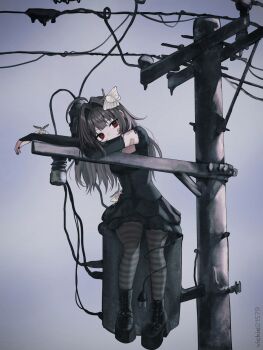 Rule 34 | 1girl, animal, animal on head, artist name, bags under eyes, bandaid, bandaid on arm, black boots, black bridal gauntlets, black dress, black nails, boots, bridal gauntlets, brown hair, bug, cable, cable tail, commentary, dress, electric plug, electric plug tail, full body, hair intakes, highres, insect, long hair, looking at viewer, mechanical tail, mole, mole under eye, moth, nail polish, on head, original, outdoors, pantyhose, red eyes, short dress, sitting, striped clothes, striped pantyhose, tail, utility pole, vickie (cryingrobot), vickie (cryingrobot) (character)