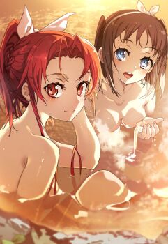 2girls armpit_crease bath bathing brown_hair commentary_request highres long_hair looking_at_viewer multiple_girls nude onsen open_mouth partially_submerged red_eyes red_hair ronye_arabel same-sex_bathing shared_bathing short_hair steam sword_art_online sword_art_online:_alicization tiese_schtrinen water wet yoru_kiri