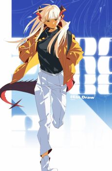 arknights black_shirt blonde_hair boots commentary dragon_girl dragon_horns dragon_tail ebi_draw feather_necklace hands_in_pockets highres horns jacket jewelry necklace open_clothes open_jacket orange_eyes orange_jacket pants running saria_(arknights) shirt symbol-only_commentary tail white_boots white_pants