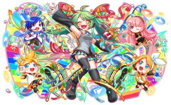 2boys 3girls :d alternate_costume aqua_eyes aqua_necktie aqua_trim arm_up armpits arms_up artist_request bare_shoulders belt black_boots black_pants black_sailor_collar black_shirt black_shorts black_skirt black_sleeves black_thighhighs blonde_hair blue_belt blue_boots blue_eyes blue_hair blue_scarf blue_shirt blush boots bow breasts brother_and_sister cel_shading character_name chibi coat collar collared_shirt colored_tips confetti cosplay crash_fever crossed_legs crossover cube detached_sleeves english_text everyone fangs four-leaf_clover_ornament full_body game_cg gold_boots gold_trim green_eyes green_hair grey_collar grey_shirt hair_bow hair_ornament hairband hairclip happy_(crash_fever) hatsune_miku hatsune_miku_(cosplay) headphones headset holding holding_microphone instrument jewelry kagamine_len kagamine_rin kaito_(vocaloid) kaito_(vocaloid3) keyboard_(instrument) knee_boots knot lace-up_boots leg_up leg_warmers light_smile long_hair long_skirt looking_at_viewer medium_breasts megurine_luka microphone midriff multicolored_hair multiple_boys multiple_girls neckerchief necktie official_art one_eye_closed open_mouth outline outstretched_arm outstretched_arms outstretched_hand pants pause_button pink_hair pleated_skirt ponytail red_outline sailor_collar saturated scarf shirt short_hair short_ponytail short_shorts short_sleeves shorts siblings single_bare_arm skinny skirt sleeve_cuffs sleeveless sleeveless_shirt smile solo solo_focus speaker spread_arms square square_print star_(symbol) star_in_eye star_ornament striped_bow swept_bangs symbol_in_eye tachi-e text_print thigh_boots thighhighs tongue transparent_background twintails two-tone_hair very_long_hair vocaloid white_boots white_bow white_coat white_shirt wing_collar yellow_boots yellow_neckerchief yellow_necktie yellow_trim