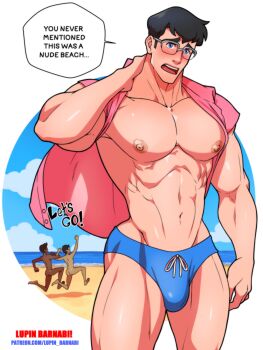 1girl 2boys absurdres artist_name ass bara bare_pectorals beach black_hair blue_eyes blue_male_swimwear blush border clark_kent commentary day dc_comics embarrassed english_commentary english_text glasses hand_on_own_neck highres jimmy_olsen large_pectorals lois_lane lupin_barnabi male_focus male_swimwear multiple_boys muscular muscular_male my_adventures_with_superman navel nipples ocean open_clothes open_shirt outdoors outside_border pectorals pink_shirt round_border shirt short_hair solo_focus speech_bubble superman_(series) swim_trunks variant_set white_border