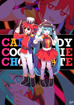 2girls alternate_costume ankle_boots belt black_belt black_boots black_dress black_hat blue_hair blue_shirt boots buttons candy candycookiechocolate_(vocaloid) conductor_baton double-breasted dress drill_hair flat_chest food full_body goggles hair_between_eyes hat hatsune_miku highres holding holding_baton holding_food kasane_teto kneehighs long_hair long_sleeves looking_at_viewer multicolored_hair multiple_girls open_mouth pants projected_inset red_dress red_hair red_shirt sato_(r017xts117) screen_zoom shirt shoulder_boards sleeveless sleeveless_dress socks twin_drills two-tone_hair two-tone_shirt utau vocaloid white_hat white_pants white_wrist_cuffs wrist_cuffs