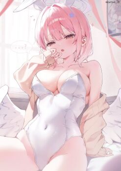 ... 1girl :o ? alternate_costume alternate_hairstyle animal_ears blue_archive breasts brown_cardigan cardigan cleavage eungae_09 fake_animal_ears feathered_wings halo highres large_breasts leotard low_wings mika_(blue_archive) open_cardigan open_clothes pink_hair pink_halo playboy_bunny rabbit_ears short_hair solo spoken_ellipsis spoken_question_mark white_leotard wings yellow_eyes
