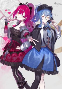 2girls absurdres black_bow black_bowtie blue_eyes bow bowtie braid crossover detective haishin_shoujo_no_uraaka_meikyuu hat highres itame_moyashi long_hair magical_girl magnifying_glass mahou_shoujo_no_majo_saiban minazuki_meika multiple_girls one_eye_closed pink_hair short_hair smile tachibana_sherry thighhighs yellow_eyes