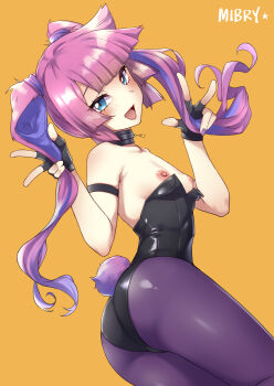 1girl ass black_gloves black_leotard blue_eyes blue_hair breasts commentary fake_tail fingerless_gloves gloves highres kirishima_romin leotard looking_at_viewer mibry_(phrysm) multicolored_hair nipples open_mouth playboy_bunny purple_hair purple_thighhighs rabbit_tail small_breasts smile solo symbol-only_commentary tail thighhighs twintails yu-gi-oh! yu-gi-oh!_sevens