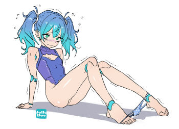 Rule 34 | 1girl, android, aqua hair, artist logo, barefoot, blue hair, blue leotard, blue panties, blush, breasts, closed mouth, embarrassed, flying sweatdrops, from side, full body, green eyes, hair tie, highres, jellybeeart, joints, leotard, logo, looking ahead, medium hair, multicolored hair, original, panties, panties around feet, polka dot, polka dot panties, robot joints, shadow, short twintails, simple background, sitting, small breasts, solo, tiptoes, toes, trembling, twintails, two-tone hair, underwear, white background