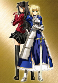 2girls absurdres ahoge armor armored_boots armored_dress armored_gloves armored_skirt artoria_pendragon_(fate) black_bow black_hair black_ribbon black_shoes black_skirt black_socks black_thighhighs blue_bow blue_dress blue_eyes blue_ribbon blue_skirt boots bow braid breasts caliburn_(fate) closed_mouth dress fate/stay_night fate_(series) female_focus full_body gem green_eyes hair_bow hair_bun hair_ribbon highres holding holding_gem holding_sword holding_weapon jewelry legs long_hair long_skirt long_sleeves looking_at_viewer looking_back medium_breasts medium_hair miniskirt multiple_girls pleated_skirt puffy_sleeves purple_background red_gemstone red_shirt ribbon saber_(fate) scan shirt shoes single_hair_bun skirt small_breasts socks studio_deen sword thighhighs thighs tohsaka_rin twintails type-moon weapon yellow_background zettai_ryouiki