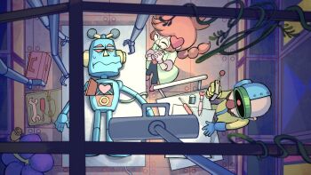 1boy 1girl android blush boots braid cable closed_eyes cyborg doctor_crygor facial_hair from_above frown glasses gloves heart highres lab_coat light lying mario_(series) mike_(warioware) mustache nintendo on_back open_mouth orange_hair penny_crygor pink_boots plant red_eyes remote rinabe_(@rfufvas3phbxkxa) robot screwdriver sweatdrop twin_braids vines warioware wavy_mouth wrench