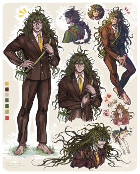 1boy ahoge barefoot border braid brown_jacket brown_pants brown_sleeves brown_suit clenched_teeth collared_jacket collared_shirt color_guide commentary danganronpa_(series) danganronpa_v3:_killing_harmony formal_clothes full_body glasses gokuhara_gonta green_hair hair_between_eyes highres bug_cage jacket long_hair long_sleeves male_focus marcianek messy_hair musical_note necktie open_mouth pants red_eyes round_eyewear shirt simple_background single_braid sitting smile standing suit teeth watermark wavy_hair white_border wolf yellow_necktie