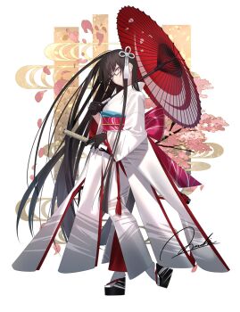 1girl breasts brown_hair commentary_request fate/grand_order fate_(series) full_body glasses grey_eyes highres japanese_clothes katana kimono kurohime_(fate) long_hair long_sleeves looking_at_viewer mashima_saki_(mashimasa) medium_breasts obi oil-paper_umbrella platform_sandals sandals sash scar scar_across_eye scar_on_face sidelocks solo sword umbrella very_long_hair weapon white_kimono wide_sleeves