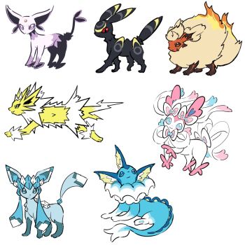 closed_mouth commentary espeon fakemon ffccll flareon gen_1_pokemon gen_2_pokemon gen_4_pokemon gen_6_pokemon glaceon highres jolteon looking_at_viewer lying nintendo no_humans pokemon pokemon_(creature) pokemon_focus red_eyes simple_background smile standing sylveon umbreon vaporeon white_background