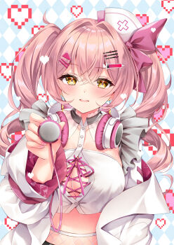 Rule 34 | 1girl, argyle background, breasts, brown eyes, cleavage, collared shirt, commission, dress shirt, hair between eyes, hair ornament, hairclip, hat, headphones, headphones around neck, heart, holding, jacket, long sleeves, looking at viewer, medium breasts, nail polish, nogi takayoshi, nurse cap, off shoulder, open clothes, open jacket, original, parted lips, pink hair, pink nails, pixelated, puffy long sleeves, puffy sleeves, shirt, skeb commission, smile, solo, stethoscope, tilted headwear, twintails, upper body, white hat, white jacket, white shirt