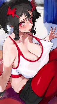1girl bare_shoulders black_hair blush breasts crop_top exercising highres hizake_mozu huge_breasts large_breasts multicolored_hair open_mouth original pulling_own_clothes red_eyes short_hair sit-up solo sports_bra sweat teasing teeth tongue tongue_out two-tone_hair upper_teeth_only white_hair