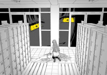 3girls absurdres cabinet facial_mark facing_another fate/extra fate/extra_ccc fate_(series) forehead_mark greyscale highres indoors jacket kishinami_hakuno_(female) kneehighs kneeling loafers long_hair long_sleeves looking_at_another lying matou_sakura matou_sakura_(fate/extra) monochrome multiple_girls nora_(lyh_b) on_back on_floor open_mouth pantyhose pleated_skirt sessyoin_kiara shoes skirt smile socks spot_color tsukumihara_academy_uniform_(fate/extra) twitter_username very_long_hair window yellow_eyes