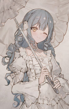 1girl absurdres ajirui animate_(company) animate_cafe arm_bow bang_dream! bang_dream!_it's_mygo!!!!! blue_hair bow center-flap_bangs center_frills collarbone commentary cowboy_shot criss-cross_halter curly_hair double-parted_bangs dress drill_hair drill_sidelocks frilled_dress frilled_ribbon frilled_umbrella frills grey_background hair_ribbon halterneck highres holding holding_umbrella juliet_sleeves long_hair long_sleeves looking_at_another official_alternate_costume official_alternate_hairstyle one_eye_closed puffy_sleeves ribbon ringlets sidelocks smile solo togawa_sakiko umbrella white_bow white_dress white_ribbon wide_sleeves yellow_eyes