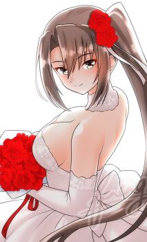 Rule 34 | 1girl, absurdres, artist name, black eyes, bouquet, breasts, brown hair, carnation, cleavage, closed mouth, commentary request, dress, flower, from side, furaggu (frag 0416), hair flower, hair ornament, highres, holding, holding bouquet, kantai collection, large breasts, long hair, looking at viewer, nachi (kancolle), red flower, side ponytail, simple background, smile, solo, watermark, wedding dress, white background, white dress