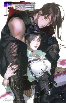 1boy 1girl alternate_costume arm_around_leg artist_name belt black_belt black_boots black_choker black_corset black_gloves black_hair black_hat black_jacket black_nails black_pants black_pantyhose black_shorts boots breasts brown_hair chain chain_necklace chest_strap choker closed_mouth collared_shirt corset couple eren_yeager facial_scar feet_out_of_frame fingerless_gloves fingernails gloves green_eyes grey_eyes hair_between_eyes hat hetero highres jacket jacket_partially_removed jewelry lacampanule long_fingernails long_hair looking_at_viewer medium_breasts mikasa_ackerman nail_polish necklace newsboy_cap pants pantyhose red_jacket scar scar_on_cheek scar_on_face shingeki_no_kyojin shirt short_hair shorts single_bare_shoulder sleeveless sleeveless_shirt studded_choker thigh_strap torn_clothes torn_pants two-sided_fabric two-sided_jacket underbust white_background white_shirt