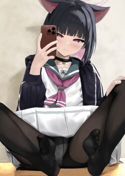 1girl absurdres animal_ears black_choker black_jacket black_pantyhose blue_archive cat_ears cat_girl cellphone choker closed_mouth clothes_lift commentary_request disuto extra_ears green_sailor_collar halo highres holding holding_phone jacket kazusa_(blue_archive) looking_at_viewer neckerchief no_shoes open_clothes open_jacket panties panties_under_pantyhose pantyhose phone pink_hair pink_halo pink_neckerchief red_eyes sailor_collar selfie shirt short_hair skirt skirt_lift smartphone solo underwear white_panties white_shirt white_skirt