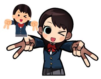 &gt;_o ;d black_eyes black_hair blazer blue_jacket blush bow bowtie contrapposto cropped_legs cropped_torso dot_nose double_gyaru_v earrings fingernails foreshortening grey_skirt gyaru_v hands_up irasutoya irasutoya_challenge jacket jewelry jjjjtaaaku lapels legs_apart long_sleeves looking_at_viewer medium_skirt mifune_takashi_(style) multiple_girls necklace no_lineart no_pupils notched_lapels one_eye_closed open_clothes open_collar open_jacket open_mouth outstretched_arms piercing pink_nails pleated_skirt red_bow red_bowtie reference_inset school_uniform shirt shirt_tucked_in simple_background skirt smile standing straight-on straight_hair stud_earrings v white_background white_shirt