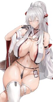 Rule 34 | 1girl, absurdres, adapted costume, alternate costume, areola slip, bare shoulders, black choker, black gloves, breast curtains, breasts, chest harness, choker, closed mouth, colored eyelashes, commentary, curvy, detached sleeves, flat color, gloves, groin, hair ribbon, hand up, harness, highres, hiyuki (wuthering waves), huge breasts, jewelry, long hair, looking at viewer, mole, mole on shoulder, mole under eye, necklace, nontraditional miko, pelvic curtain, ponytail, red eyes, red ribbon, revealing clothes, ribbon, shirt, simple background, sitting, solo, striped clothes, tacet mark (wuthering waves), thick thighs, thighs, variant set, vertical-striped clothes, white background, white hair, white shirt, wuthering waves, yusha m